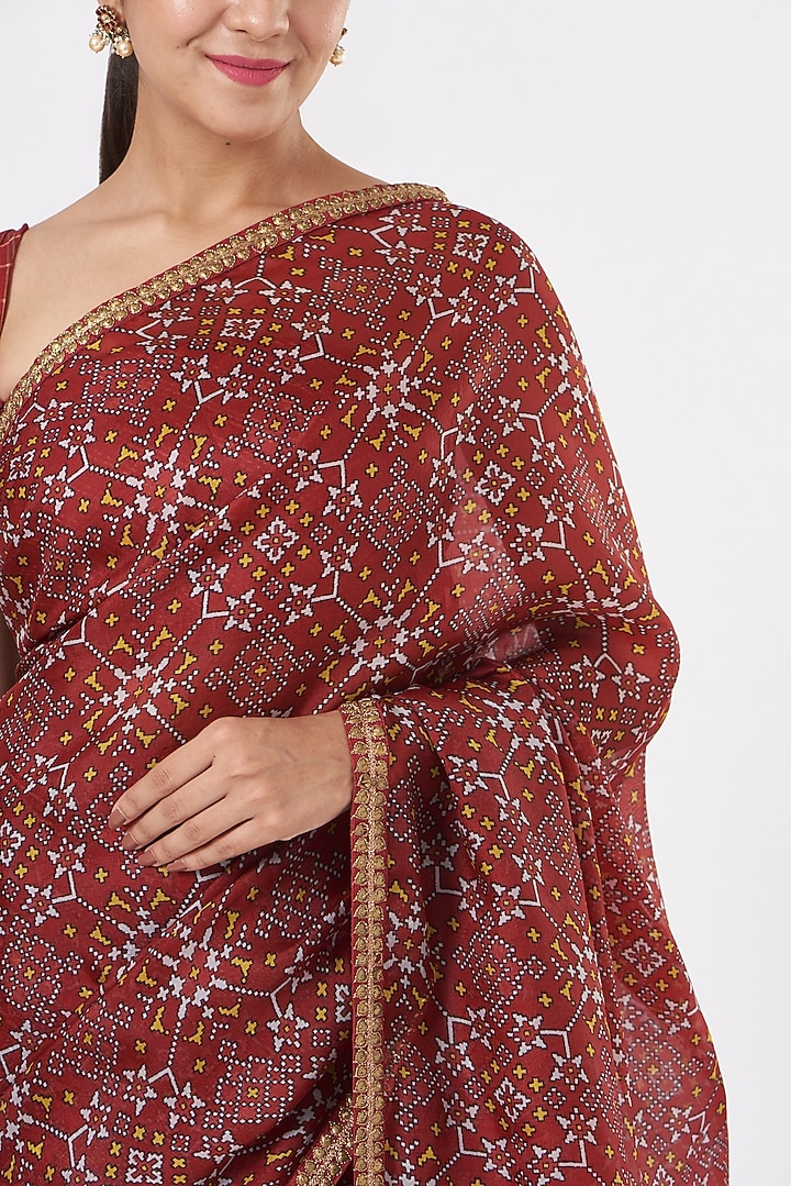 Red Ikat Printed Wedding Saree Set by Kritika Dawar at Pernia's Pop Up Shop