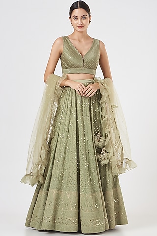 Olive Green Chikankari Lehenga Set by Kritika Dawar