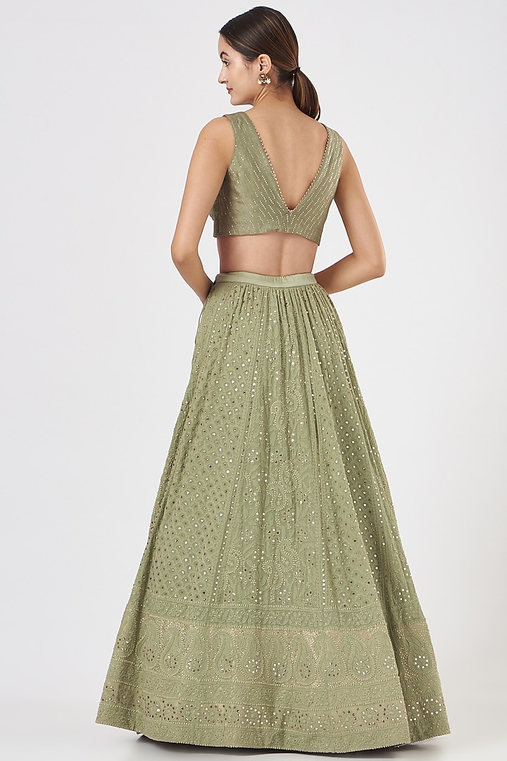 Olive Green Chikankari Wedding Lehenga Set by Kritika Dawar at Pernia's Pop Up Shop