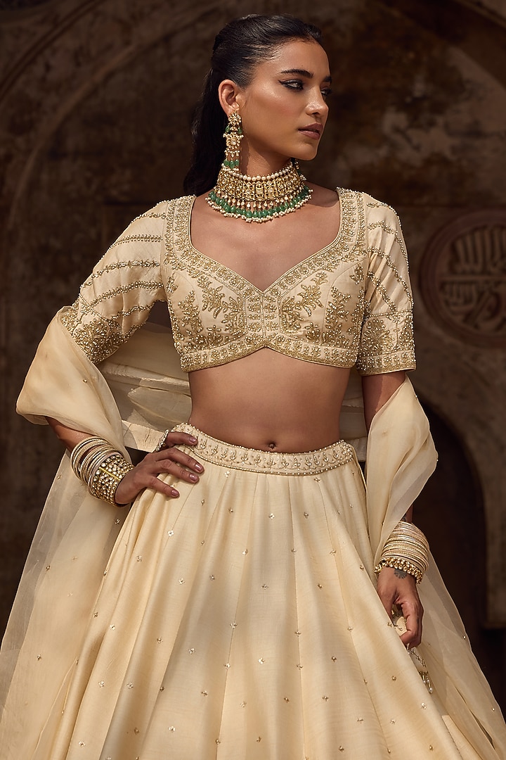 Ivory Silk Hand Embroidered Bridal Lehenga Set by Kritika Dawar at Pernia's Pop Up Shop