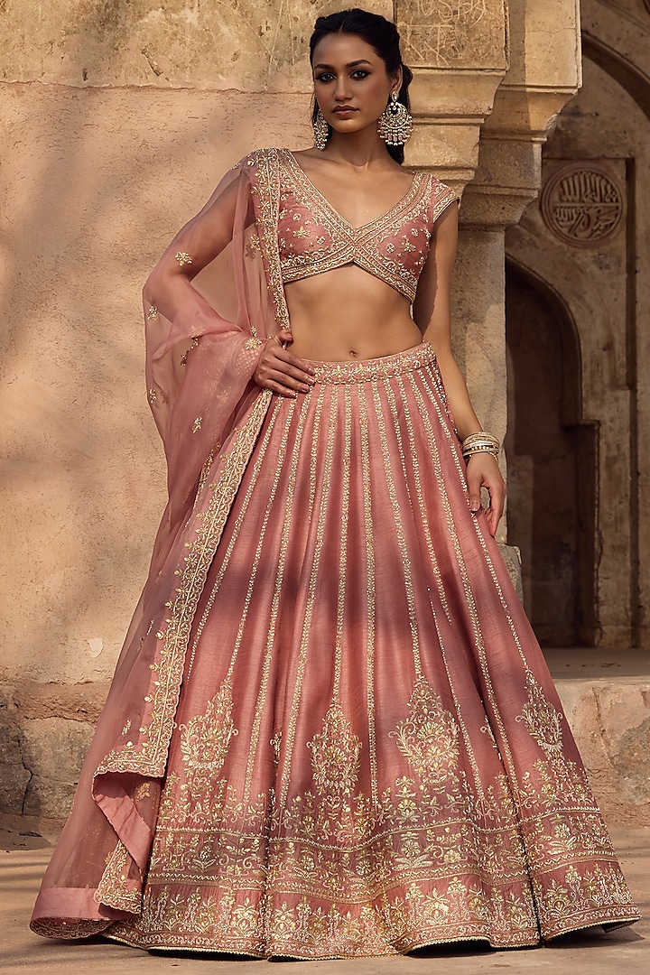 Blush Pink Silk Zardosi Embroidered Bridal Lehenga Set by Kritika Dawar at Pernia's Pop Up Shop