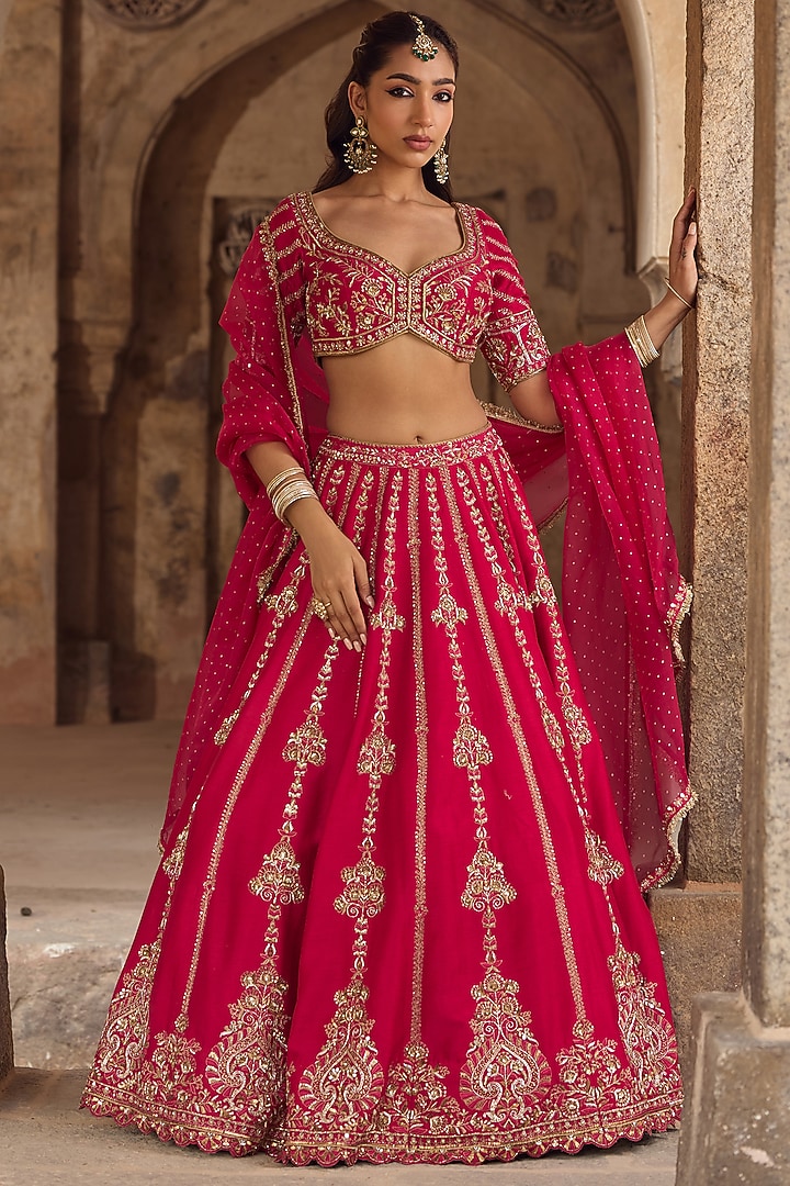 Bright Pink Silk Zardosi Embroidered Bridal Lehenga Set by Kritika Dawar at Pernia's Pop Up Shop