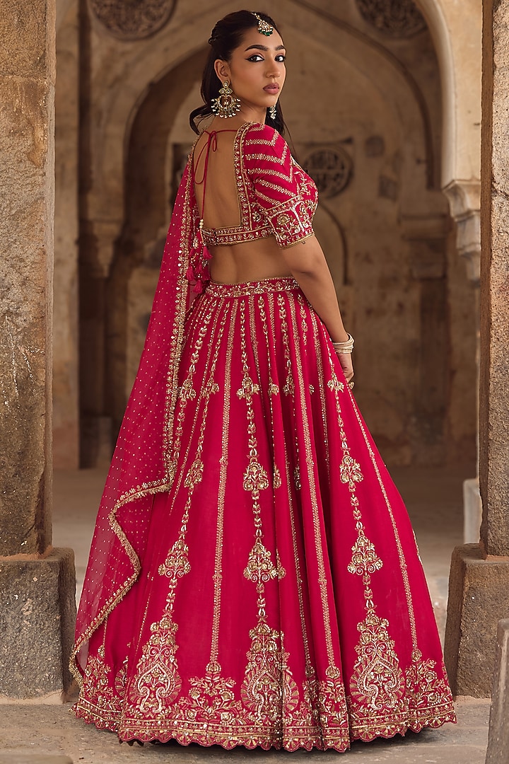 Bright Pink Silk Zardosi Embroidered Bridal Lehenga Set by Kritika Dawar at Pernia's Pop Up Shop