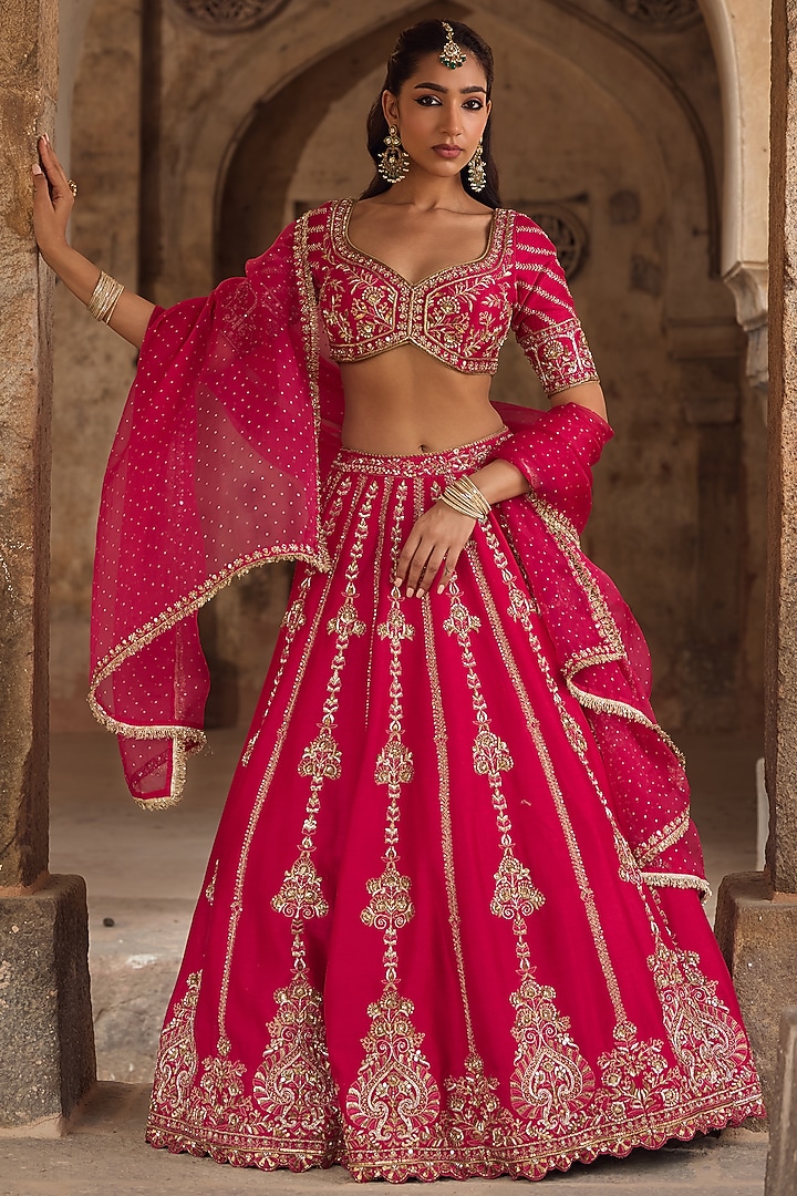 Bright Pink Silk Zardosi Embroidered Bridal Lehenga Set by Kritika Dawar at Pernia's Pop Up Shop