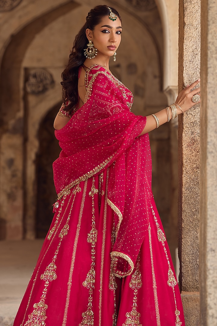Bright Pink Silk Zardosi Embroidered Bridal Lehenga Set by Kritika Dawar at Pernia's Pop Up Shop