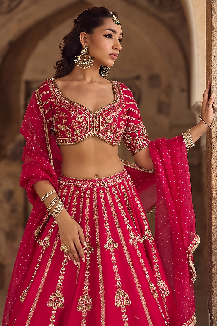 Bright Pink Silk Zardosi Embroidered Bridal Lehenga Set by Kritika Dawar at Pernia's Pop Up Shop