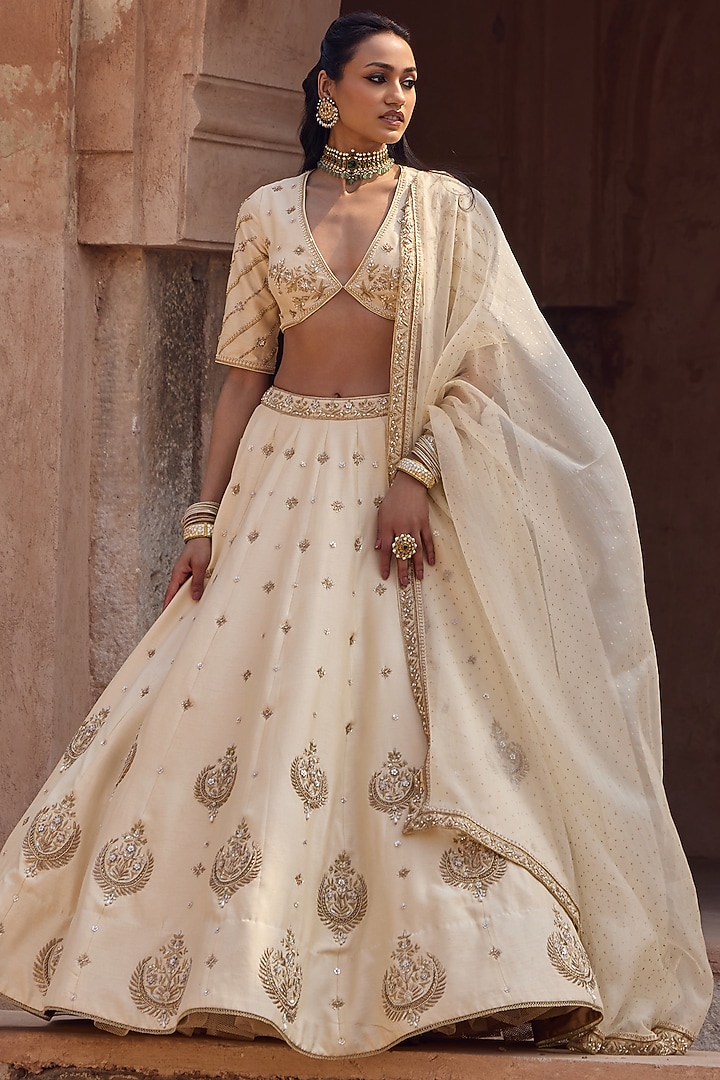 Ivory Silk Motif Work Bridal Lehenga Set by Kritika Dawar at Pernia's Pop Up Shop