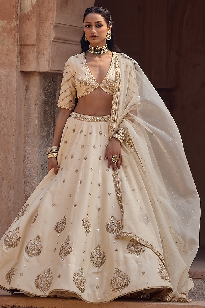 Ivory Silk Motif Work Bridal Lehenga Set by Kritika Dawar at Pernia's Pop Up Shop