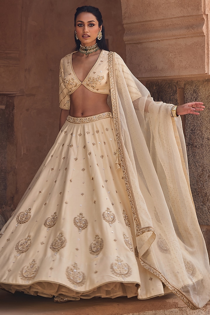Ivory Silk Motif Work Bridal Lehenga Set by Kritika Dawar at Pernia's Pop Up Shop