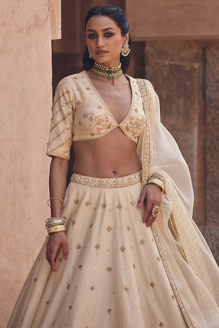 Ivory Silk Motif Work Bridal Lehenga Set by Kritika Dawar at Pernia's Pop Up Shop