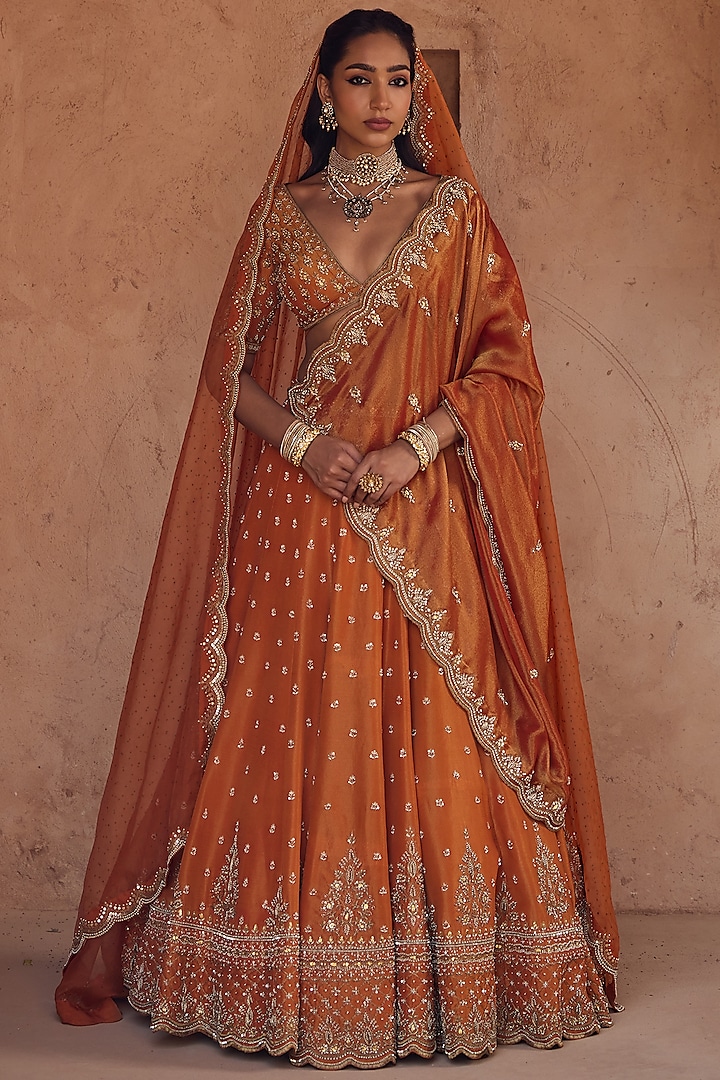 Rust Tissue Organza Hand Embroidered Bridal Lehenga Set by Kritika Dawar at Pernia's Pop Up Shop