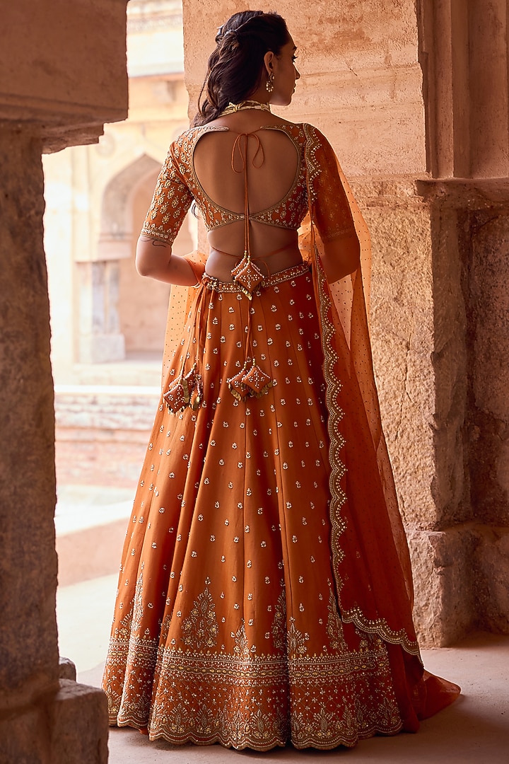 Rust Tissue Organza Hand Embroidered Bridal Lehenga Set by Kritika Dawar at Pernia's Pop Up Shop
