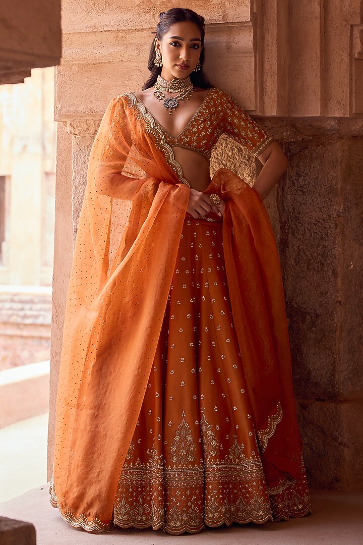 Rust Tissue Organza Hand Embroidered Bridal Lehenga Set by Kritika Dawar at Pernia's Pop Up Shop