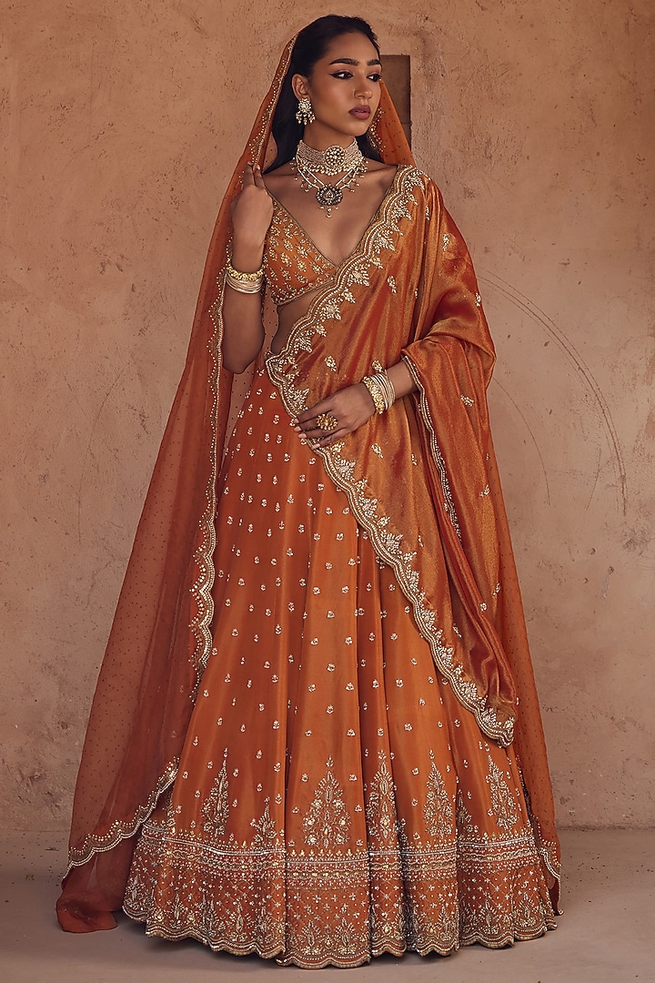 Rust Tissue Organza Hand Embroidered Bridal Lehenga Set by Kritika Dawar at Pernia's Pop Up Shop
