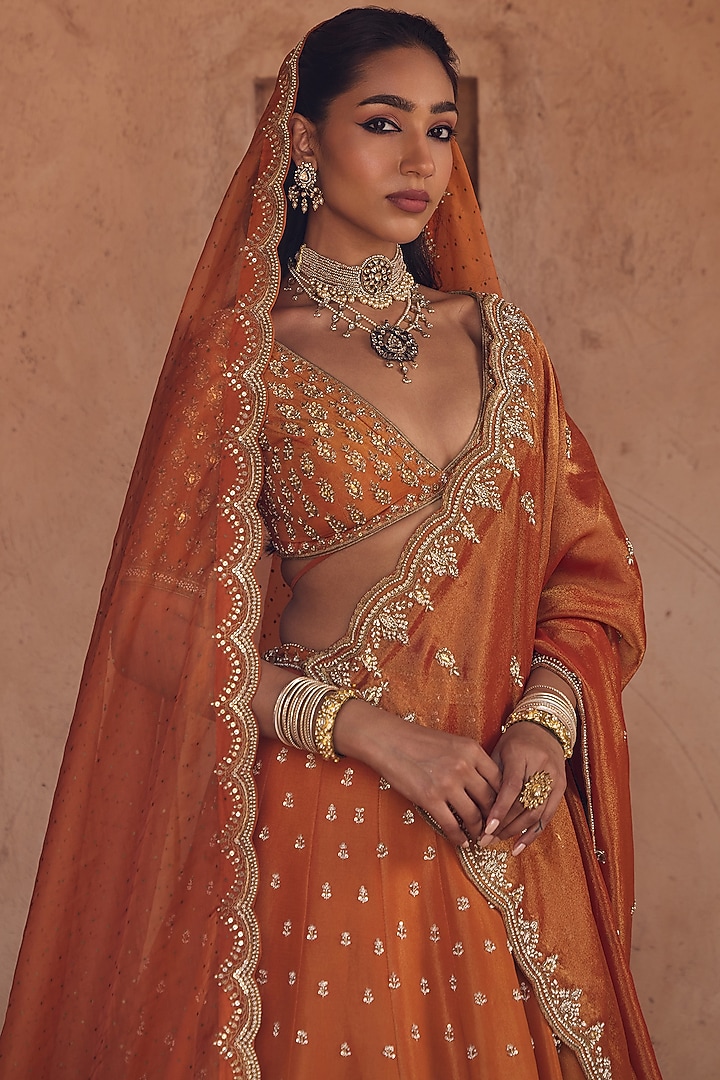 Rust Tissue Organza Hand Embroidered Bridal Lehenga Set by Kritika Dawar at Pernia's Pop Up Shop