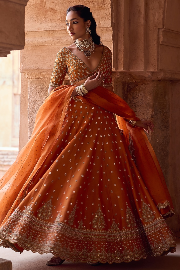 Rust Tissue Organza Hand Embroidered Bridal Lehenga Set by Kritika Dawar at Pernia's Pop Up Shop