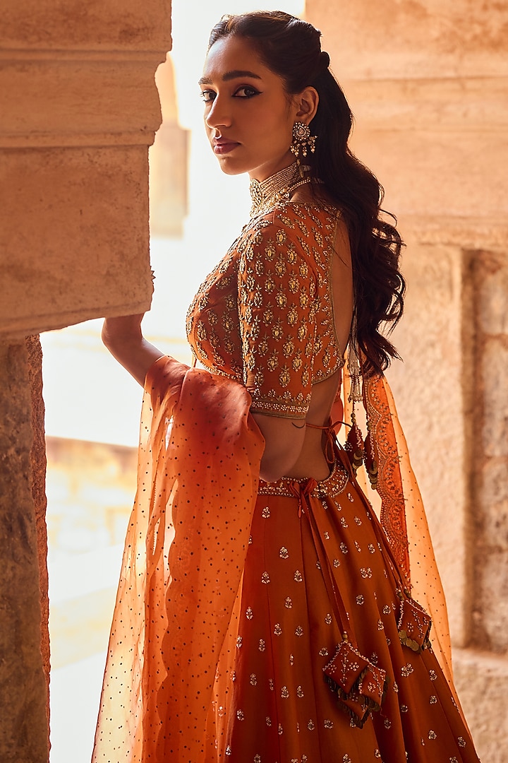 Rust Tissue Organza Hand Embroidered Bridal Lehenga Set by Kritika Dawar at Pernia's Pop Up Shop