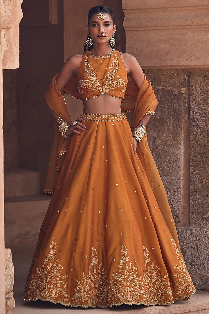 Rust Silk Dori Embroidered Wedding Lehenga Set by Kritika Dawar at Pernia's Pop Up Shop