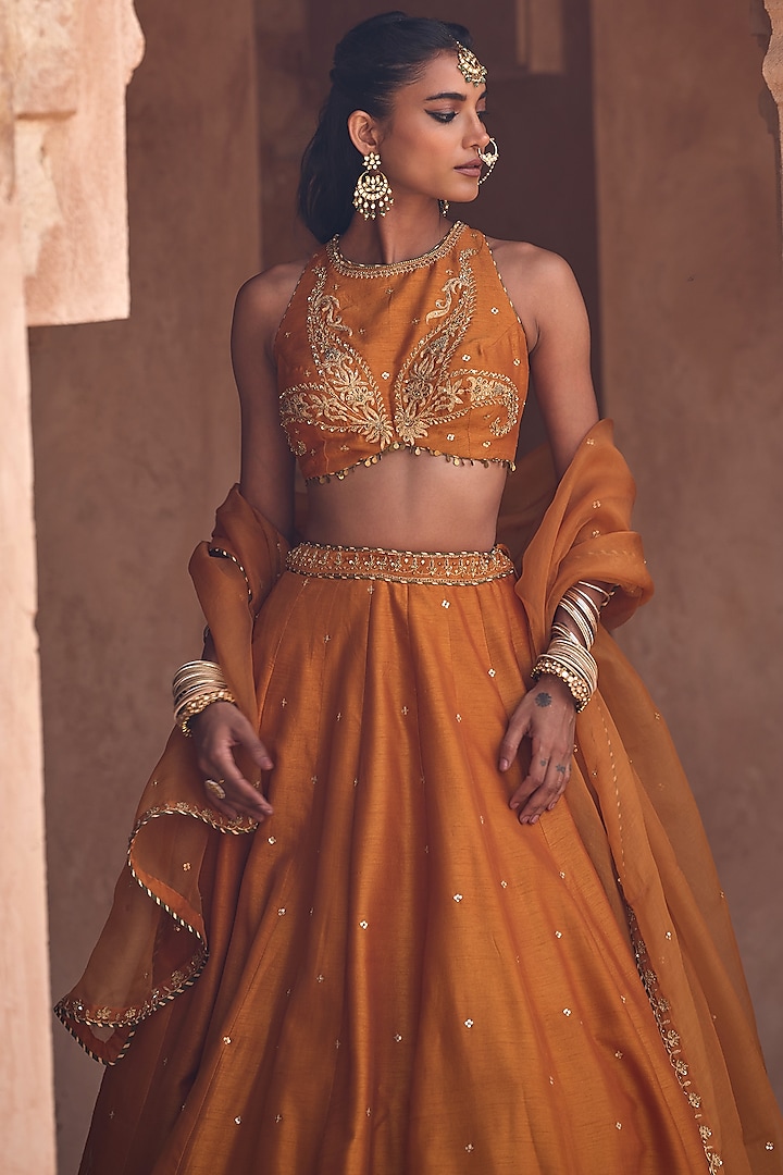 Rust Silk Dori Embroidered Wedding Lehenga Set by Kritika Dawar at Pernia's Pop Up Shop
