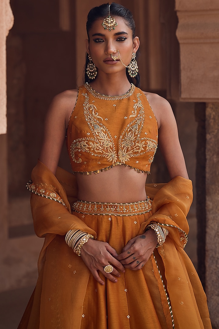Rust Silk Dori Embroidered Wedding Lehenga Set by Kritika Dawar at Pernia's Pop Up Shop