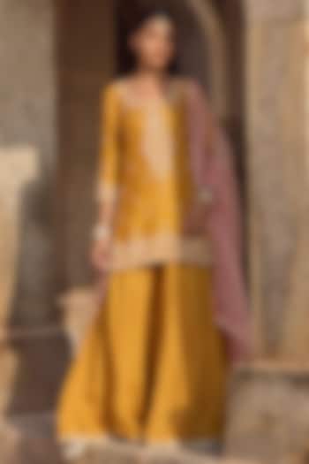 Yellow Silk Thread Work Wedding Sharara Set by Kritika Dawar at Pernia's Pop Up Shop