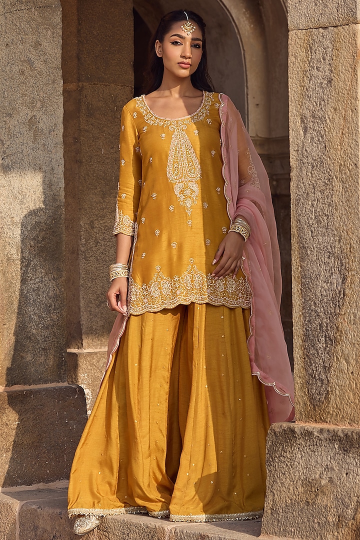 Yellow Silk Thread Work Wedding Sharara Set by Kritika Dawar at Pernia's Pop Up Shop