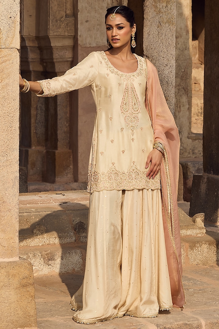 Ivory Silk Thread Work Wedding Sharara Set by Kritika Dawar at Pernia's Pop Up Shop