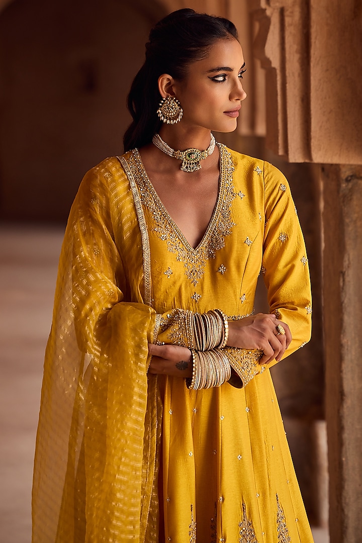 Yellow Silk Aari Embroidered Bridal Anarkali Set by Kritika Dawar at Pernia's Pop Up Shop