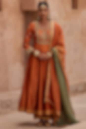 Rust Silk Chanderi Hand Embroidered Wedding Anarkali Set by Kritika Dawar at Pernia's Pop Up Shop