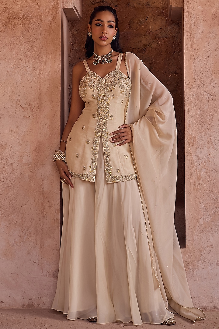Ivory Organza Flared Wedding Sharara Set by Kritika Dawar at Pernia's Pop Up Shop