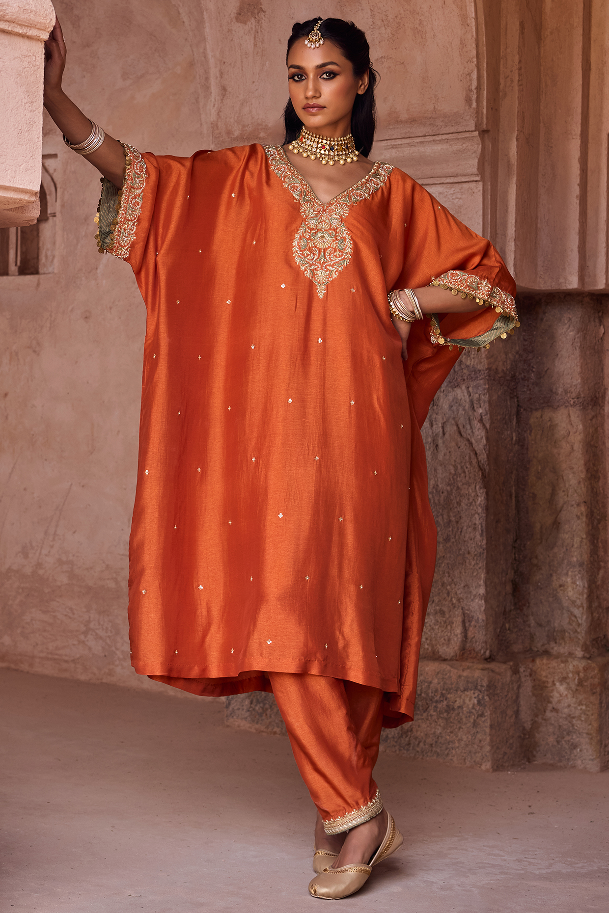 Rust Silk Aari Hand Embroidered Kaftan Set by Kritika Dawar at Pernia's Pop Up Shop
