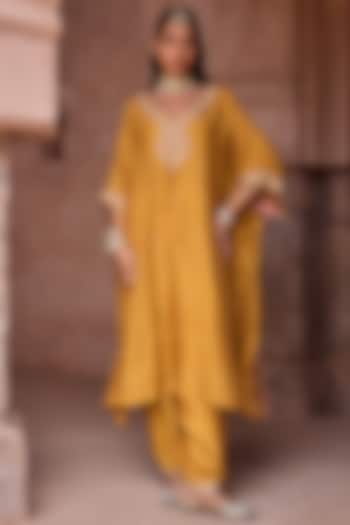 Yellow Silk Aari Hand Embroidered Kaftan Set by Kritika Dawar at Pernia's Pop Up Shop