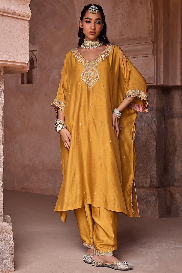 Yellow Silk Aari Hand Embroidered Kaftan Set by Kritika Dawar at Pernia's Pop Up Shop