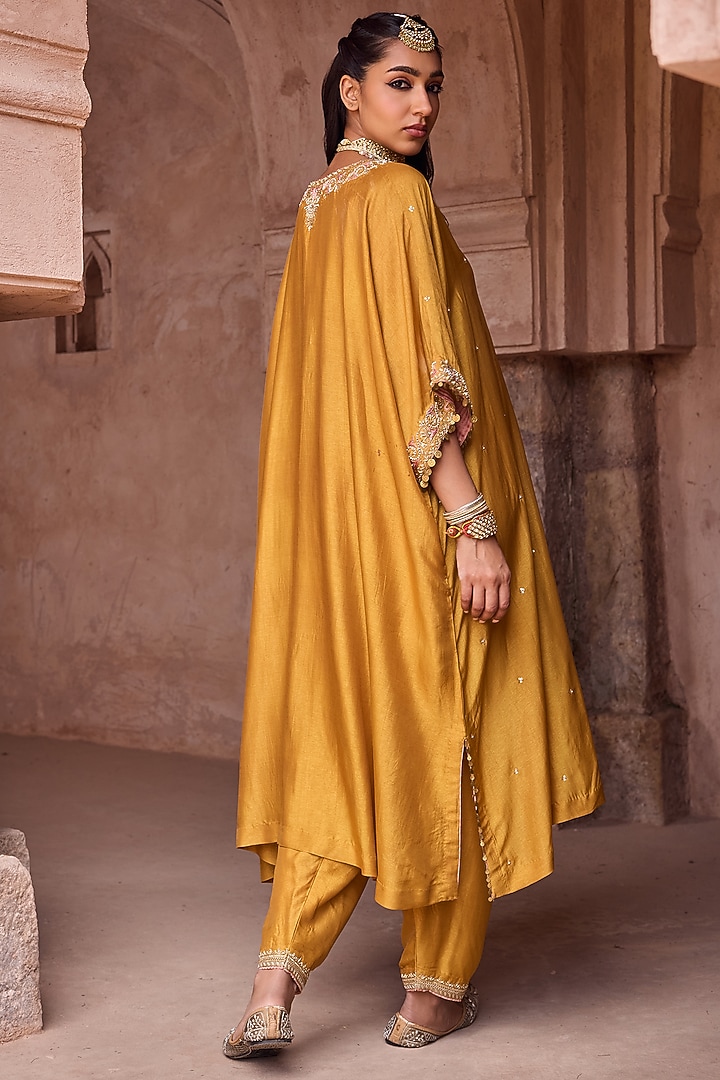 Yellow Silk Aari Hand Embroidered Kaftan Set by Kritika Dawar at Pernia's Pop Up Shop