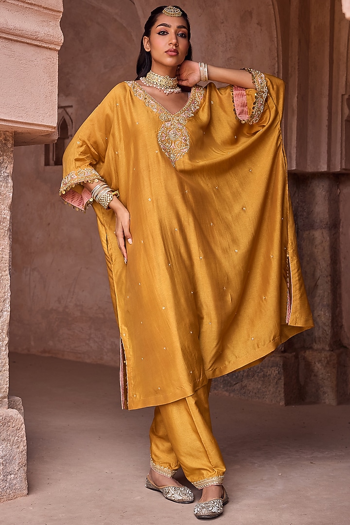 Yellow Silk Aari Hand Embroidered Kaftan Set by Kritika Dawar at Pernia's Pop Up Shop