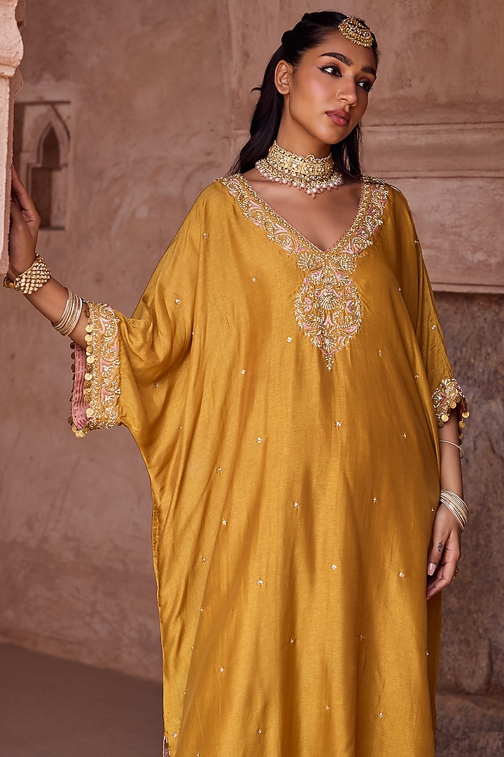 Yellow Silk Aari Hand Embroidered Kaftan Set by Kritika Dawar at Pernia's Pop Up Shop