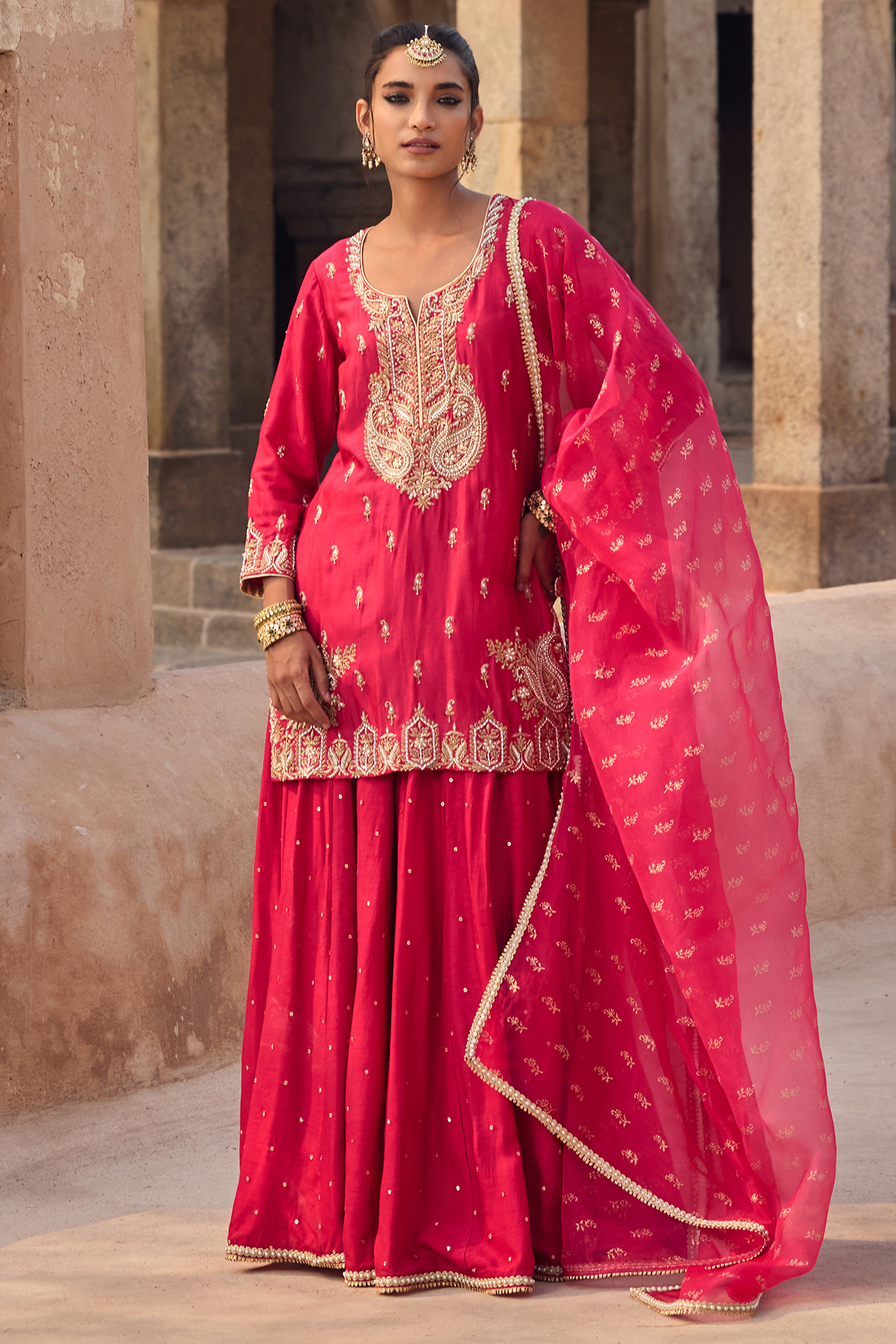 Magenta Silk Sequins Embroidered Flared Wedding Sharara Set by Kritika Dawar at Pernia's Pop Up Shop