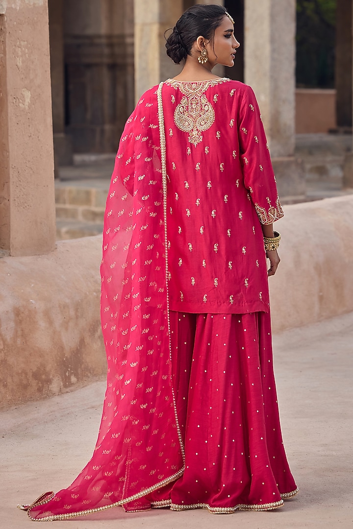Magenta Silk Sequins Embroidered Flared Wedding Sharara Set by Kritika Dawar at Pernia's Pop Up Shop