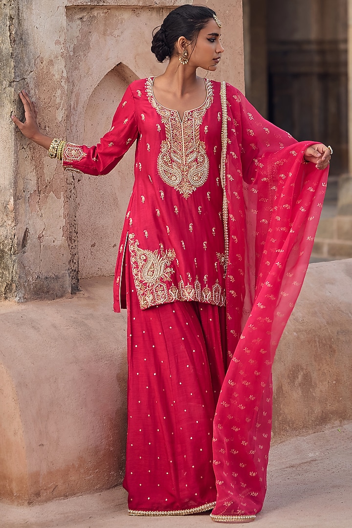 Magenta Silk Sequins Embroidered Flared Wedding Sharara Set by Kritika Dawar at Pernia's Pop Up Shop