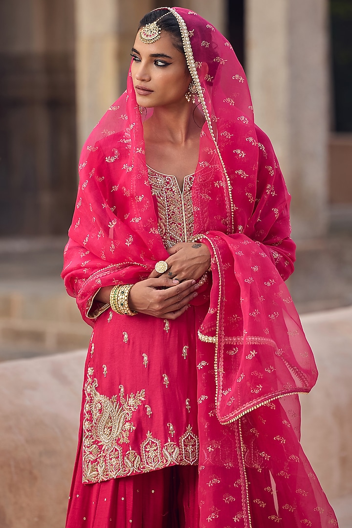 Magenta Silk Sequins Embroidered Flared Wedding Sharara Set by Kritika Dawar at Pernia's Pop Up Shop