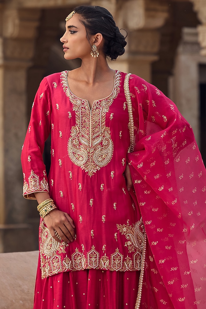 Magenta Silk Sequins Embroidered Flared Wedding Sharara Set by Kritika Dawar at Pernia's Pop Up Shop