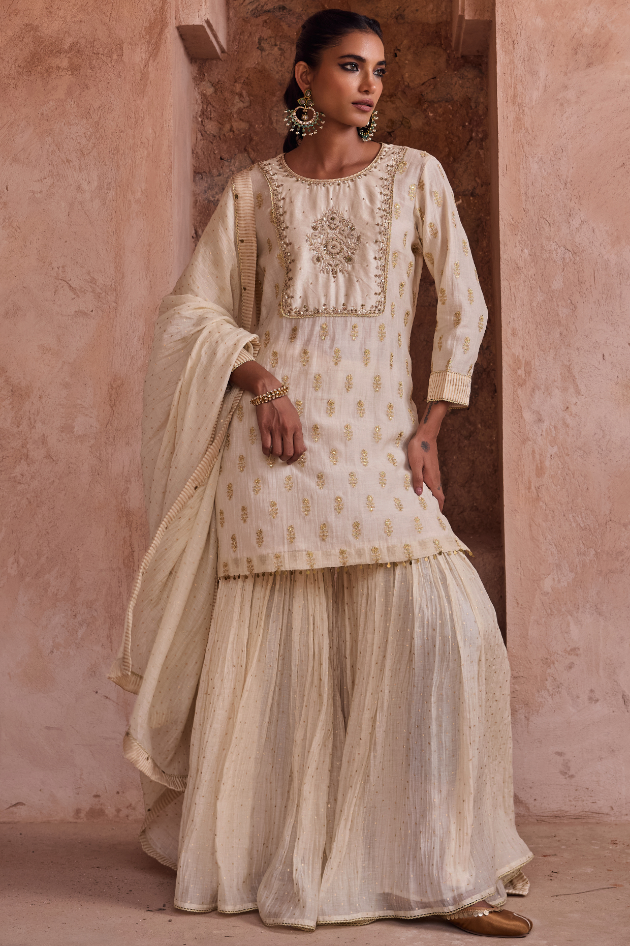 Ivory Silk Chanderi Hand Block Printed Gharara Set by Kritika Dawar at Pernia's Pop Up Shop