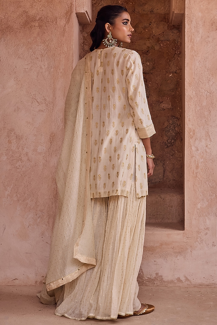 Ivory Silk Chanderi Hand Block Printed Gharara Set by Kritika Dawar at Pernia's Pop Up Shop