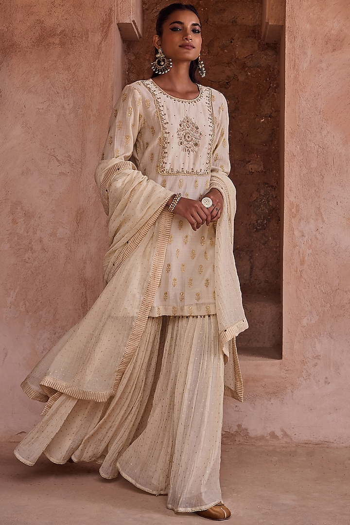 Ivory Silk Chanderi Hand Block Printed Gharara Set by Kritika Dawar at Pernia's Pop Up Shop