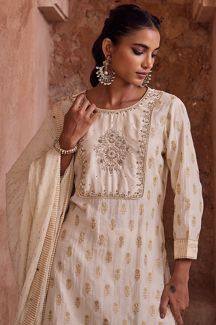 Ivory Silk Chanderi Hand Block Printed Gharara Set by Kritika Dawar at Pernia's Pop Up Shop