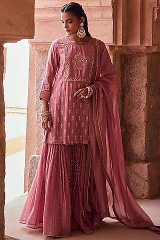 Blush Pink Silk Chanderi Hand Block Printed Gharara Set by Kritika Dawar