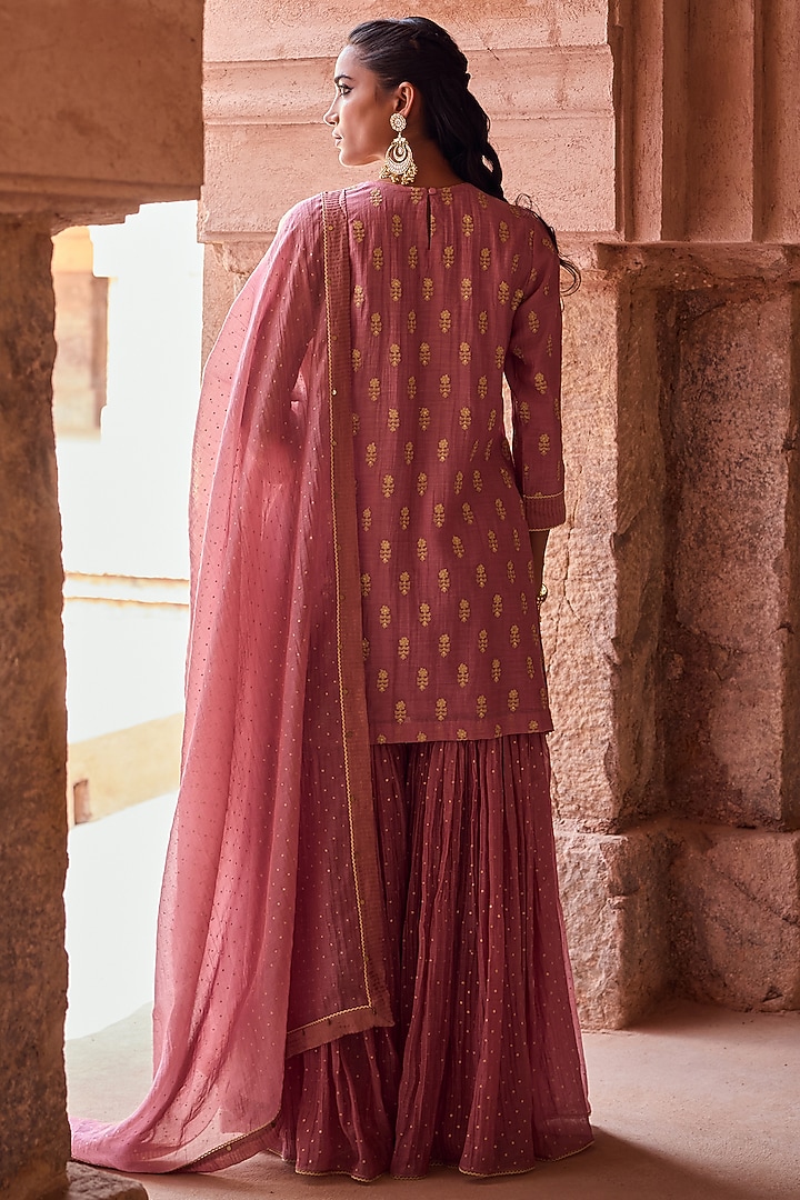Blush Pink Silk Chanderi Hand Block Printed Gharara Set by Kritika Dawar at Pernia's Pop Up Shop