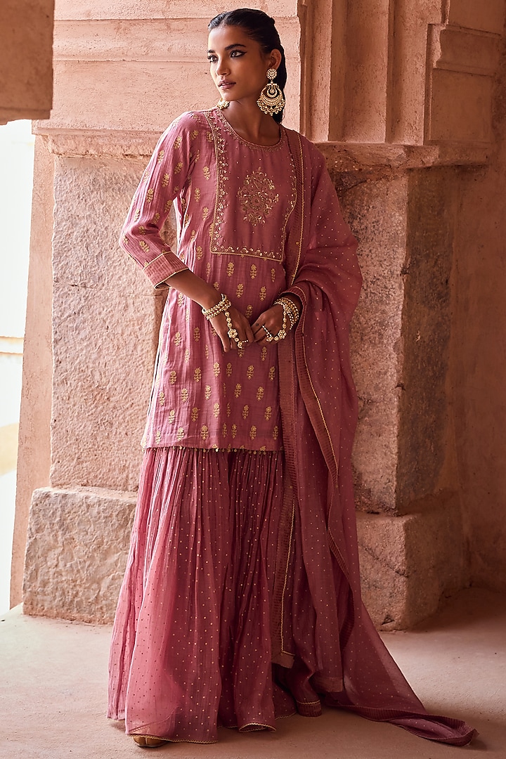 Blush Pink Silk Chanderi Hand Block Printed Gharara Set by Kritika Dawar at Pernia's Pop Up Shop