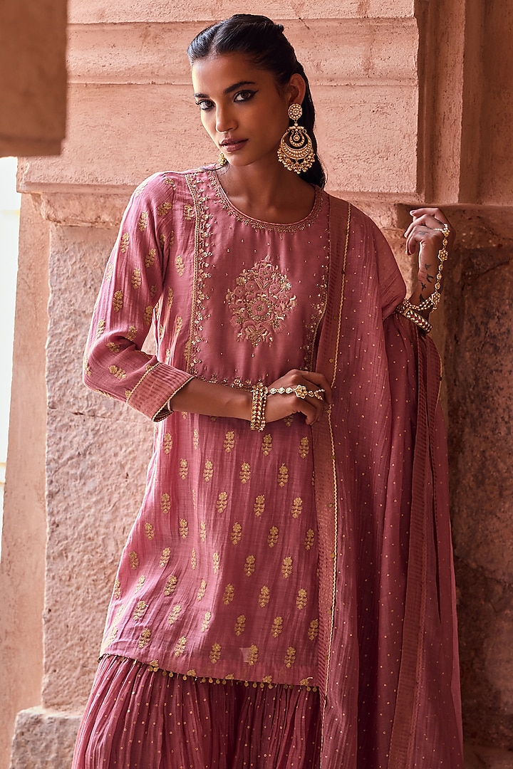 Blush Pink Silk Chanderi Hand Block Printed Gharara Set by Kritika Dawar at Pernia's Pop Up Shop