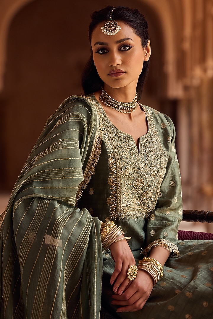Sage Green Silk Chanderi & Banaras Silk Chanderi Zari Embroidered Kurta Set by Kritika Dawar at Pernia's Pop Up Shop